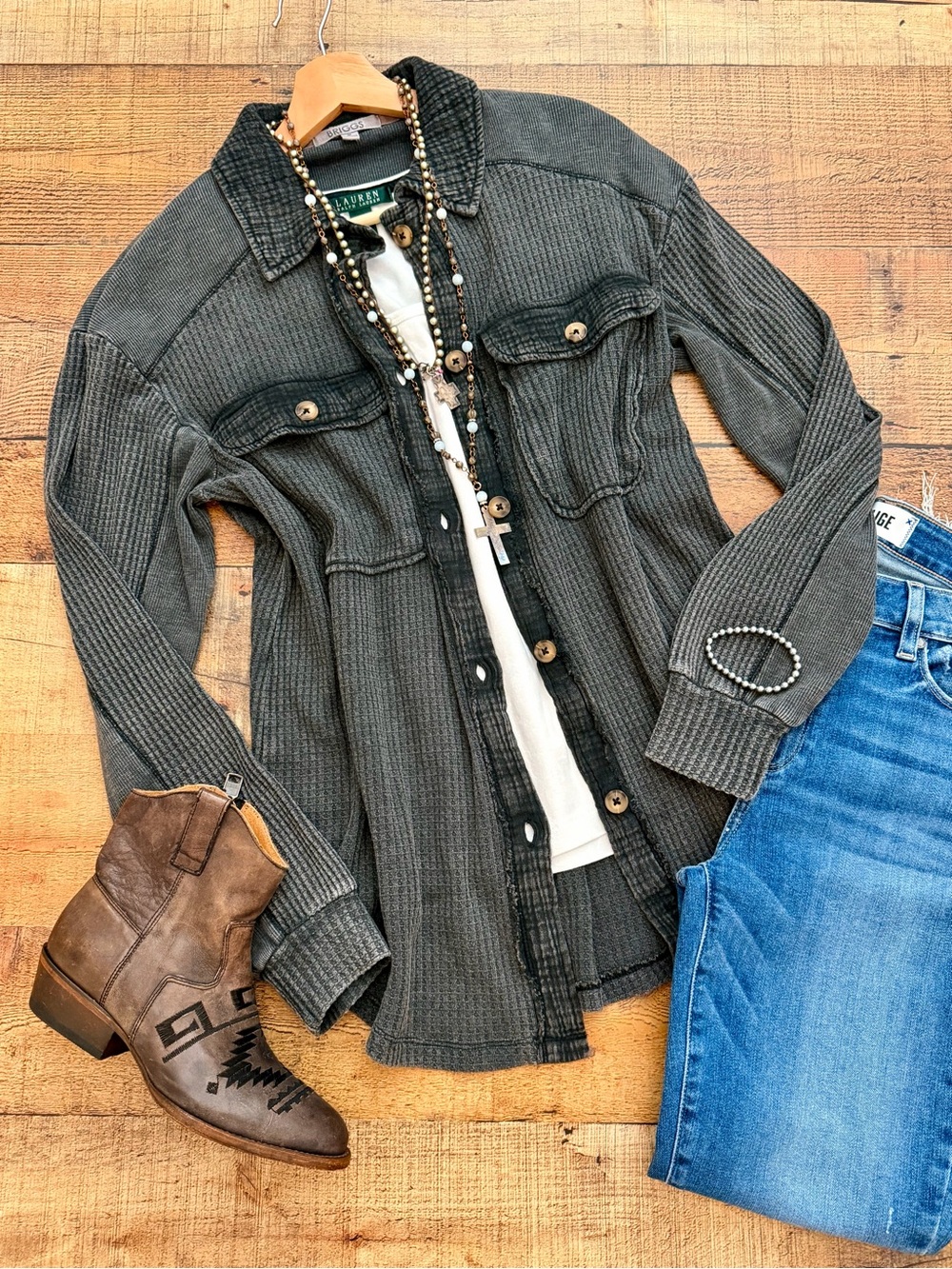Charcoal Waffle Textured Shirt Oversized Stretch Pockets Button Up